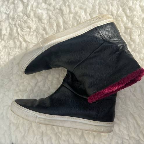 Furla  Black Megamix 100%Leather Faux Fur Ankle boots!