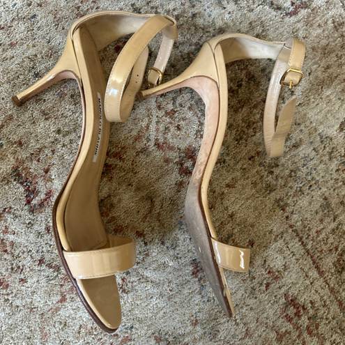 Manolo Blahnik Chaos Nude Patent Leather Heel Sandals— Size 8.5/38.5