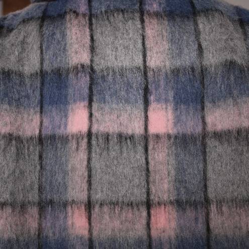 Cyrus  Faux Fur Fuzzy Plaid Button Front Jacket Shacket Pink Gray & Blue Size S