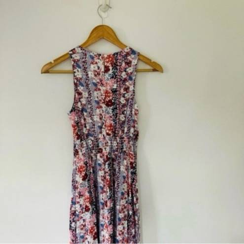 Jessica Simpson Floral Blue Pink Maxi Dress Asymmetric Hem Ruched Waist Sleeveless