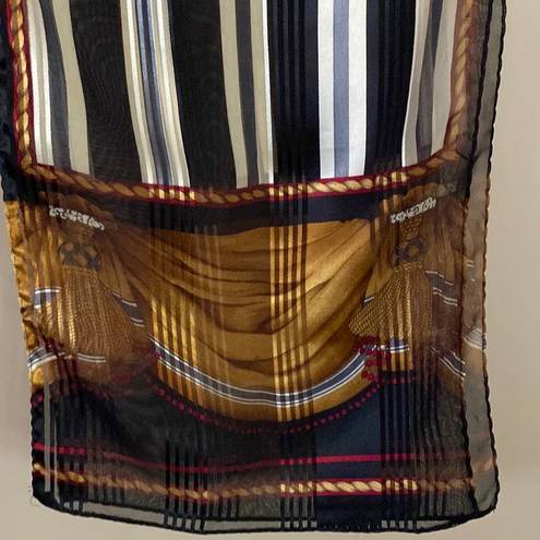 Liz Claiborne Vtg  silk Scarf rectangular neck hair 10“ x 52” Gold cord Striped