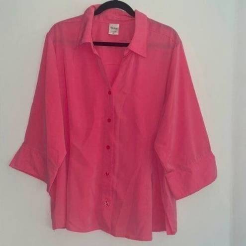 Blair  Pink 1/2 Sleeve Collared V Neck Button Down Blouse Semi Sheer