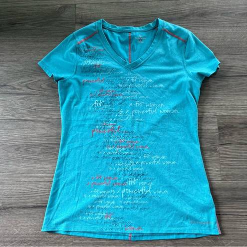 Moving Comfort  Womens V-Neck Blue Graphic Lettering T-Shirt Size Large