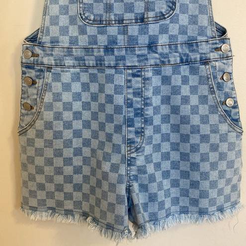 No Bo Junior Women’s  Light Checked Frayed Hem Denim Shortalls Size Medium (7/8)