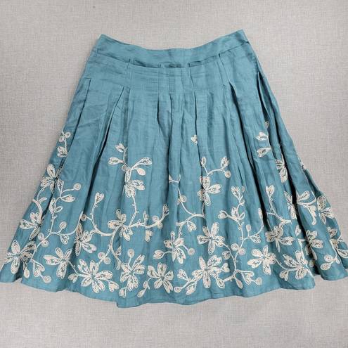 Talbots  Skirt Size 4 Blue Linen Floral Embroidered A-Line Pleated Cottagecore