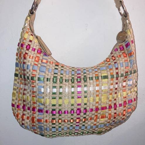 The Sak  Tan, Green, Pink, White, Orange, Blue Striped Woven Ribbon Purse