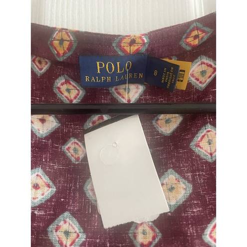 Polo  Ralph Lauren Block Print Linen Button Front Top, Size 8, A06, NWT, $78