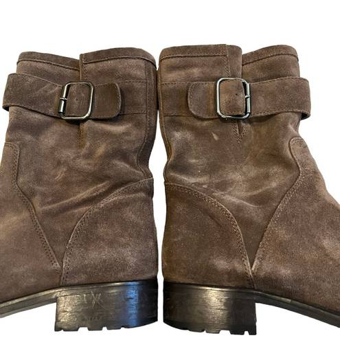 Garnet Hill  Taupe Suede Buckle Accent Mid Calf Moto Boot, Sz 6.5