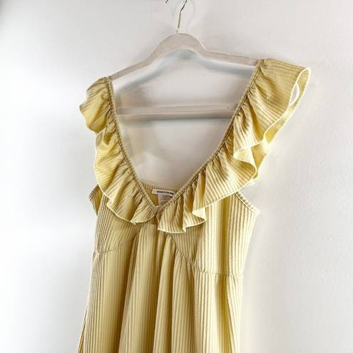 Caution to the Wind  Plunge V Neck Ruffle Strap Ribbed Midi Dress Butter Yellow S