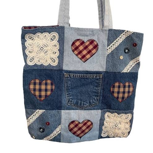 Denim Plaid Heart Red Lace Patchwork Jean Tote