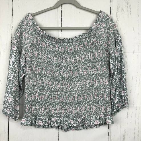 The Loft NEW Plus Size 14 Smocked Off The Shoulder Top Green Floral Cropped Pink