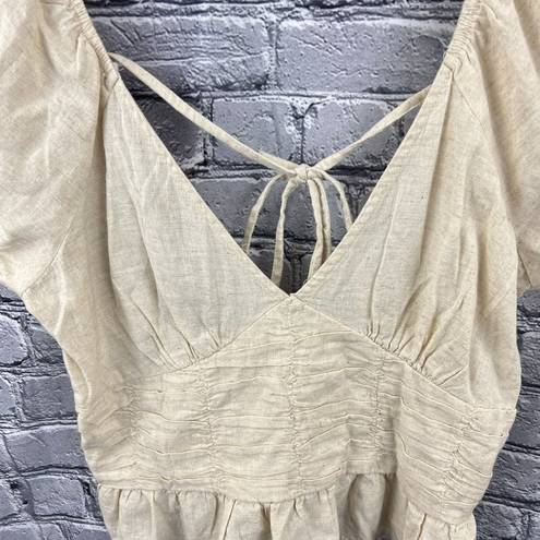 Sim & Sam  Crop Halter Top Beige Linen Blend Puff Sleeve Smocked Size XL