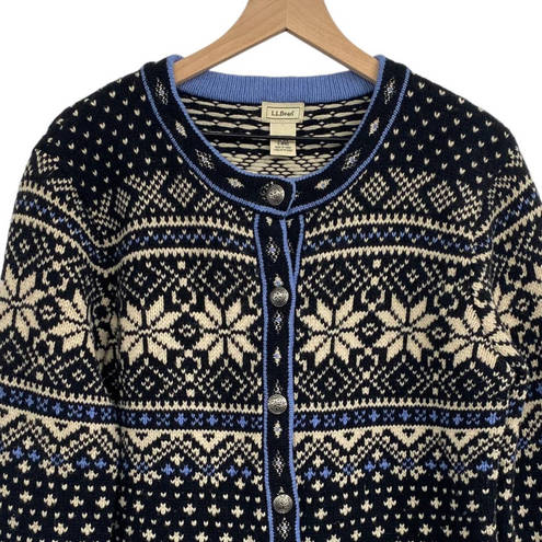 L.L.Bean  Lambswool Cardigan Sweater Fair Isle Knit Black Blue Ivory Womens XL