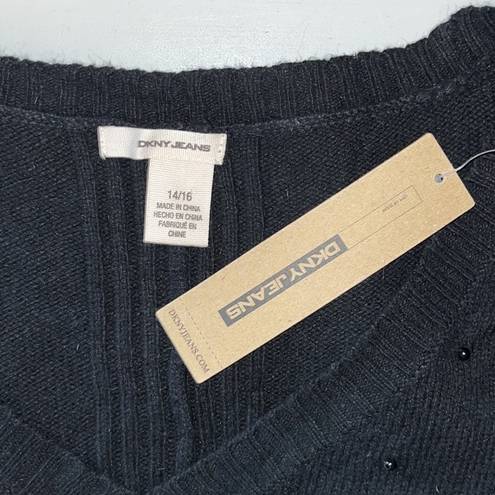 DKNY  Jeans NWT Size 14/16 Black Bead Embellished V-Neckline Pullover Sweater Top