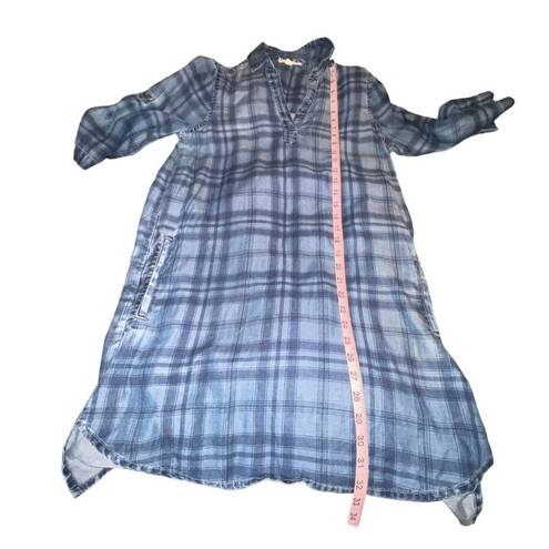 Beach Lunch Lounge Womens Blue Plaid Denim Chambray Roll Tab Sleeves Dress Sz XS