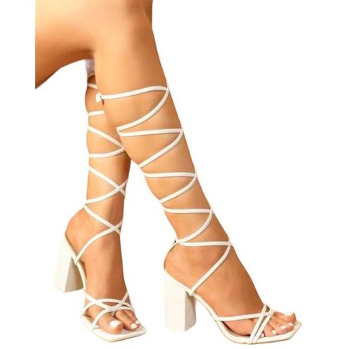 EGO NWOT ~  Gemini Strappy White Square Toe Lace Up Platform Heels ~ Women's 7