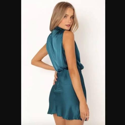 Petal and Pup  Anabelle Teal Blue Satin Halter High Neck Mini Dress M