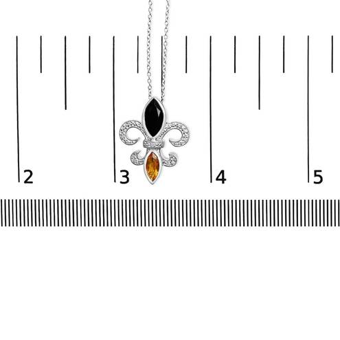 Onyx NIB .925 Silver Marquise  & Citrine & Diamond Fleur De Lis Pendant Necklace