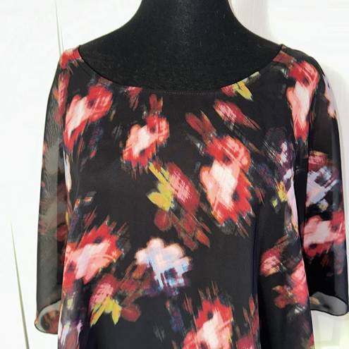 AB Studio  ABSTRACT FLORAL PONCHO FLOWY BLOUSE