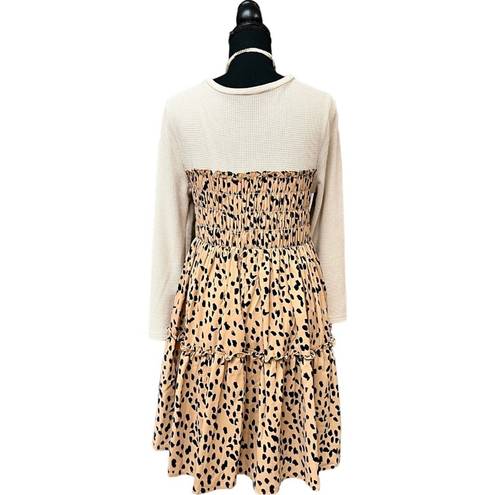 Entro Anthropologie Dresses |  Taupe Waffle Knit Smocked Animal Print Dress