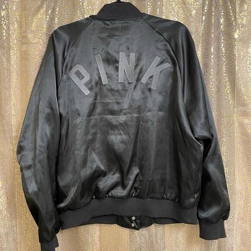 PINK - Victoria's Secret  Black Satin Embroidered Logo Bomber Jacket L/XL