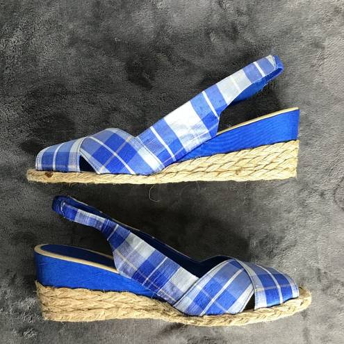 Ralph Lauren Lauren  Womens CAMARA Blue Plaid Wedge Slingback Sandals Size 10 B