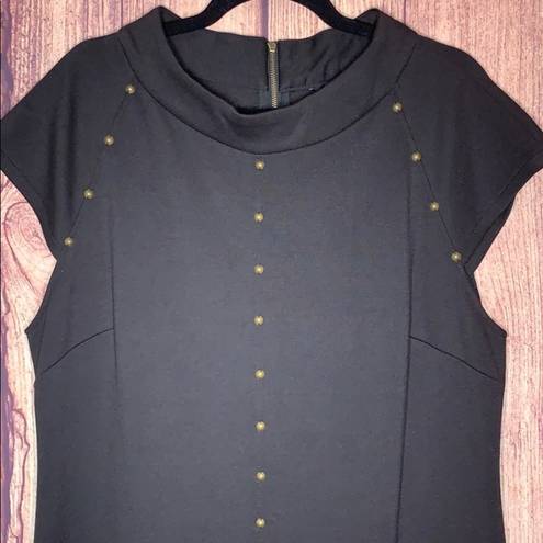 Sharagano cap sleeve black shift dress with gold stud detail