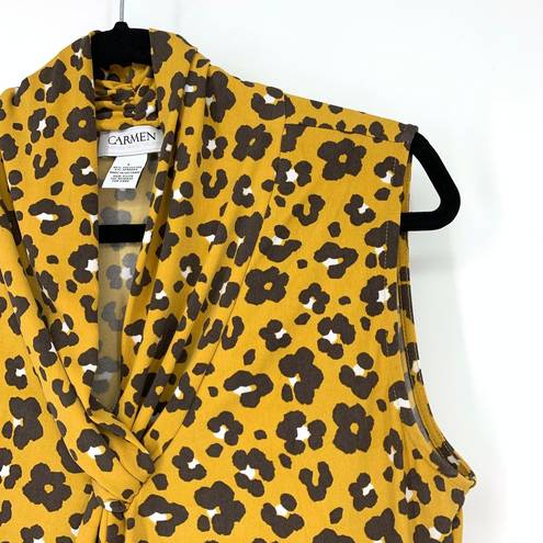 Carmen Marc Valvo Carmen Top Women's Size Large Yellow Floral Leopard Print Tank Blouse Knot Front