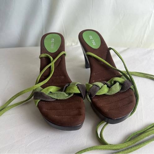 Me Too  Lace Up Heels Suede Leather Wood Block Heel Green Brown Boho Fairy 8.5