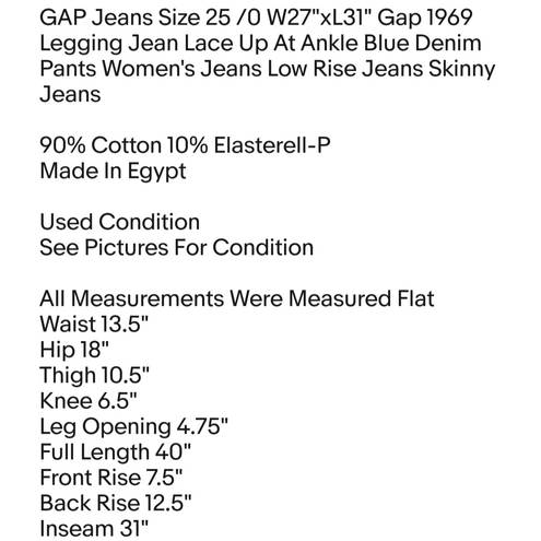  Jeans Size 25 /0 W27"xL31" Gap 1969 Legging Jean Lace Up At Ankle Blue Denim Pants 