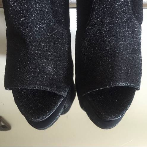 Guess Black Bex Glitter Peep Toe Sock Stiletto Heel Booties NEW