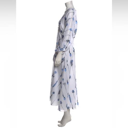 NWT Rare!! Lela Rose White Blue Floral Voile Full Sleeve V neck Midi Dress 10