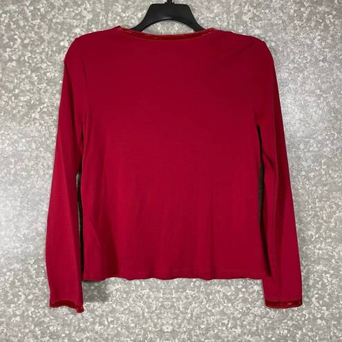 J.Jill  Red Velvet Trimmed Tee Long Sleeve T-Shirt - Size Small - Scoop Neck Top