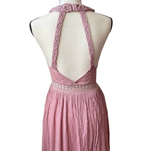 Illa Illa  Pink Lace Maxi Dress Women Size Small Grecian Halter Double Slit Knit