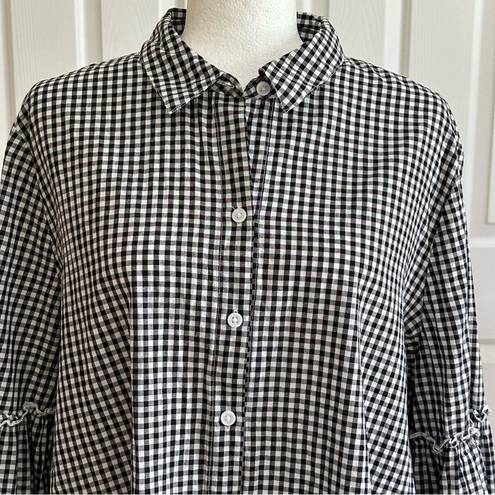 BeachLunchLounge  Blouse Top Black White Gingham Button Front Bell Sleeve Top XL