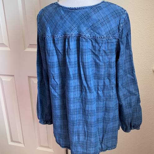 Style & Co  Quarter Button Plaid Print Denim Blouse