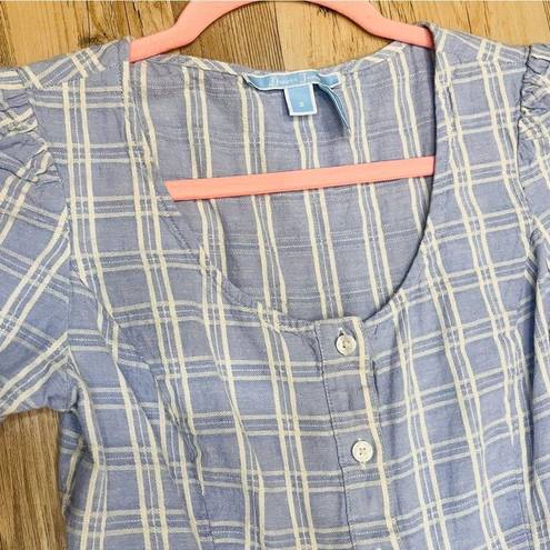 Draper James  Dress Blue Plaid Button Down Linen Blend Cottagecore size 2