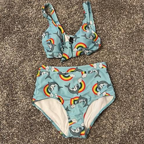 Modcloth  | 2 piece swimsuit |  rainbow shark print | Top: XS, Bottom: S