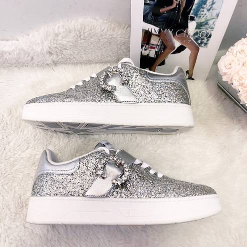 Jimmy Choo  Platinum Glitter & Crystal Osaka Sneakers