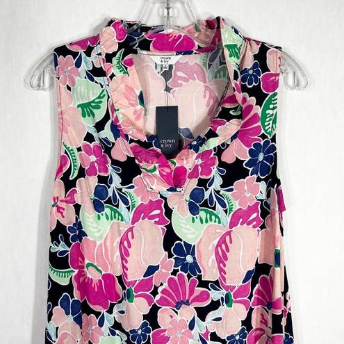 Crown & Ivy Crown Ivy Size Small Dress Sleeveless Pink Navy Floral Print Ruffle Pockets 1592