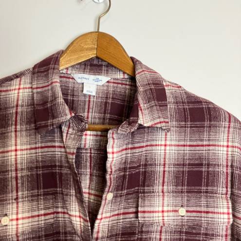 Old Navy  NWT Maroon White Plaid Loose Flannel Boyfriend Shirt