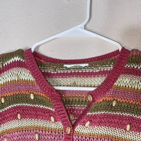 Talbots  PINK STRIPED CARDIGAN WOOD BEADED Knit Boho Coastal Grandma Small Button