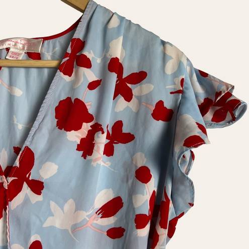 Oscar de la Renta  Pink Label Blue Red Floral Print Satin Wrap Dress Mini Robe S