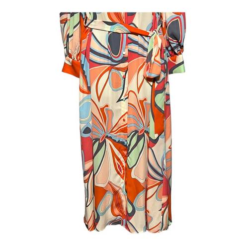 Alexis Abstract Puff Sleeve Button Front Chiffon Maxi Dress w/Waist Tie Small