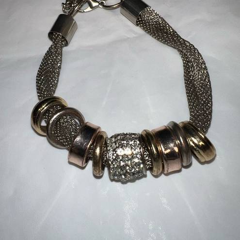 Twisted Mesh  Silver Tone Bracelet With Barrel Charms