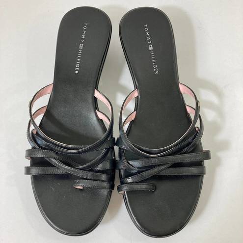 Tommy Hilfiger  leather slide sandals women's 9.5 black straps low platform heel