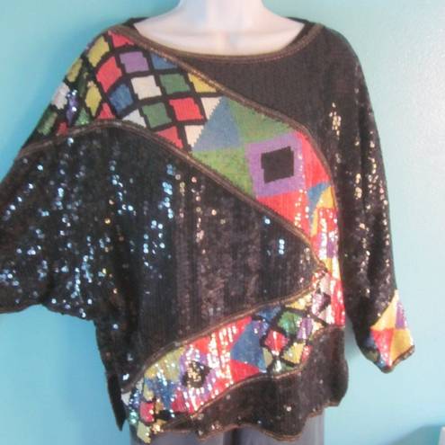 Scala  Vintage Sequin Top Womens Size L Long Dolman Sleeve Blouse Silk Colorful