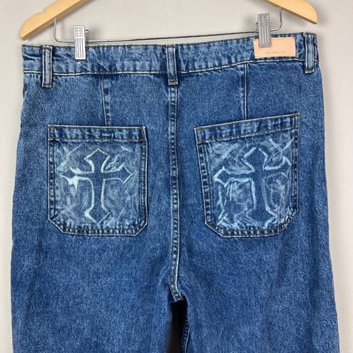 Mango MNG Denim Jeans Womens 14 Blue High Rise Wide Leg Baggy Frayed Hem Cotton Denim