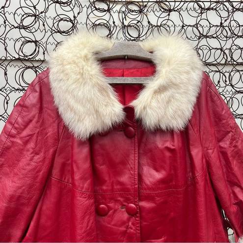 ma*rs Vint 60s 70s Red Leather & Silver Fox Fur Collar  Claus Christmas Trench Coat