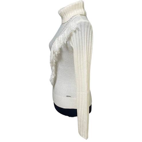 DKNY  Ivory Fringe Knit Ribbbed Turtleneck Sweater Top Size Small